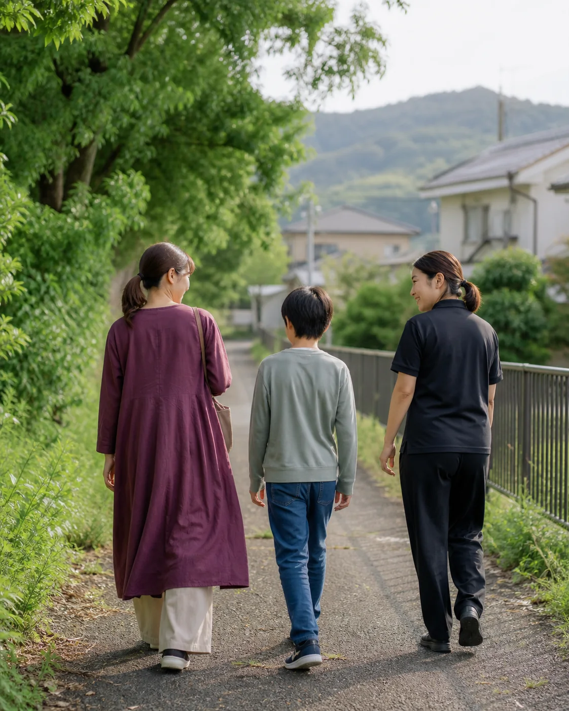 看護師と親子が自分のペースで外を歩く支援場面