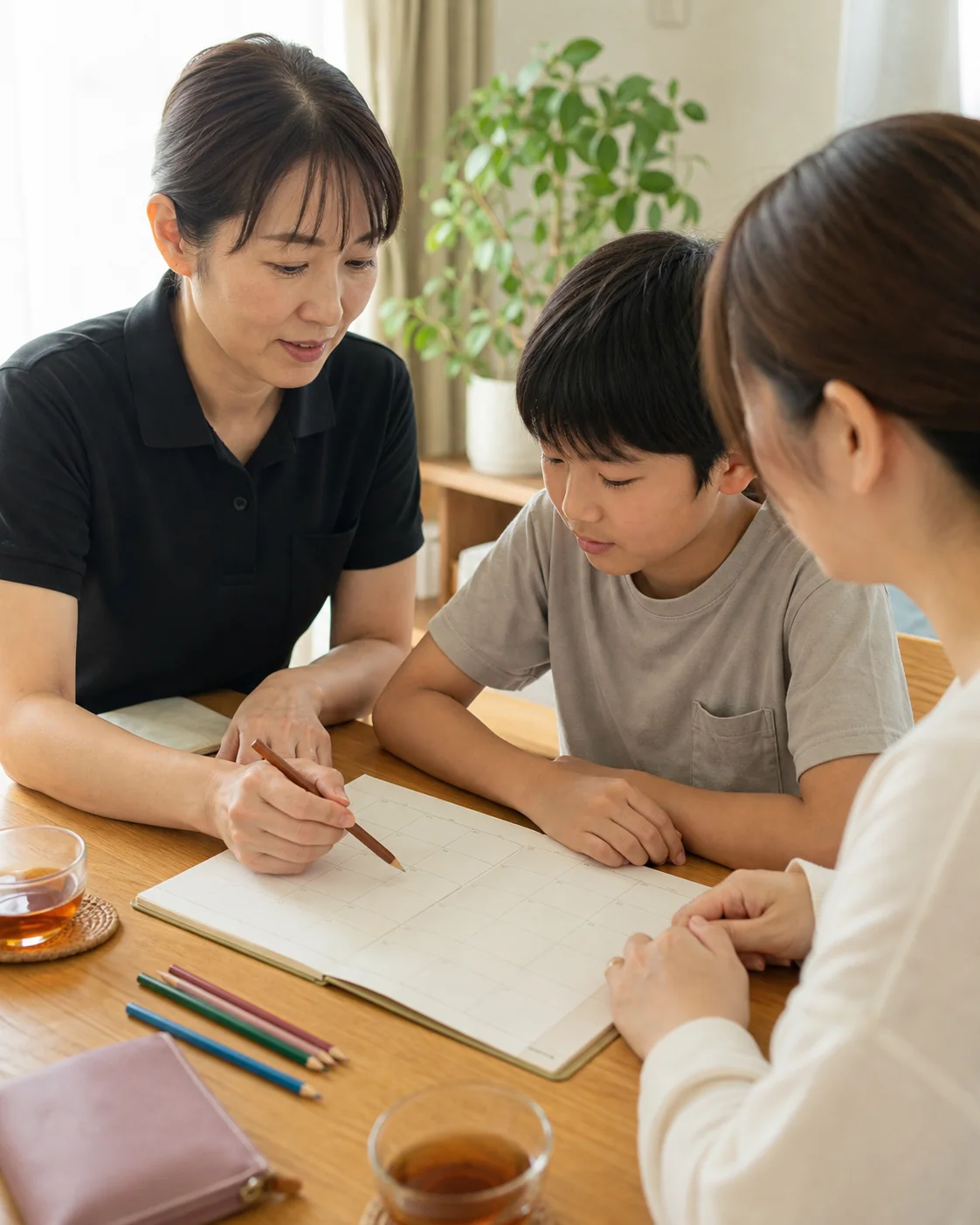 看護師と一緒に体調や予定を確認する支援場面